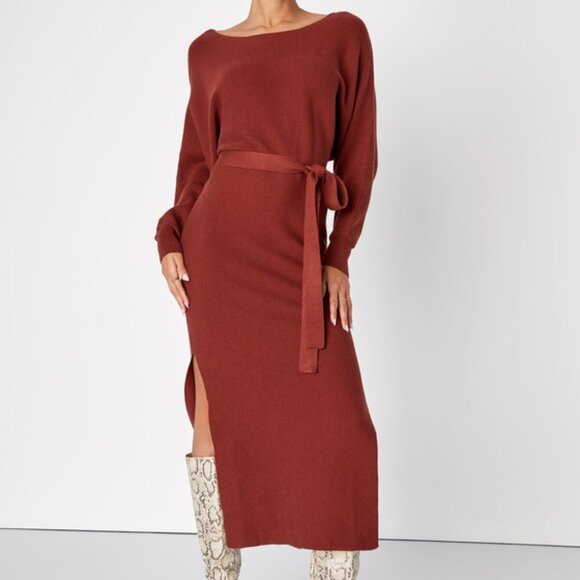 Lulus Cozy Captivation Rust Ribbed Dolman Sleeve Midi Sweater Dress Brown - Picture 1 of 1